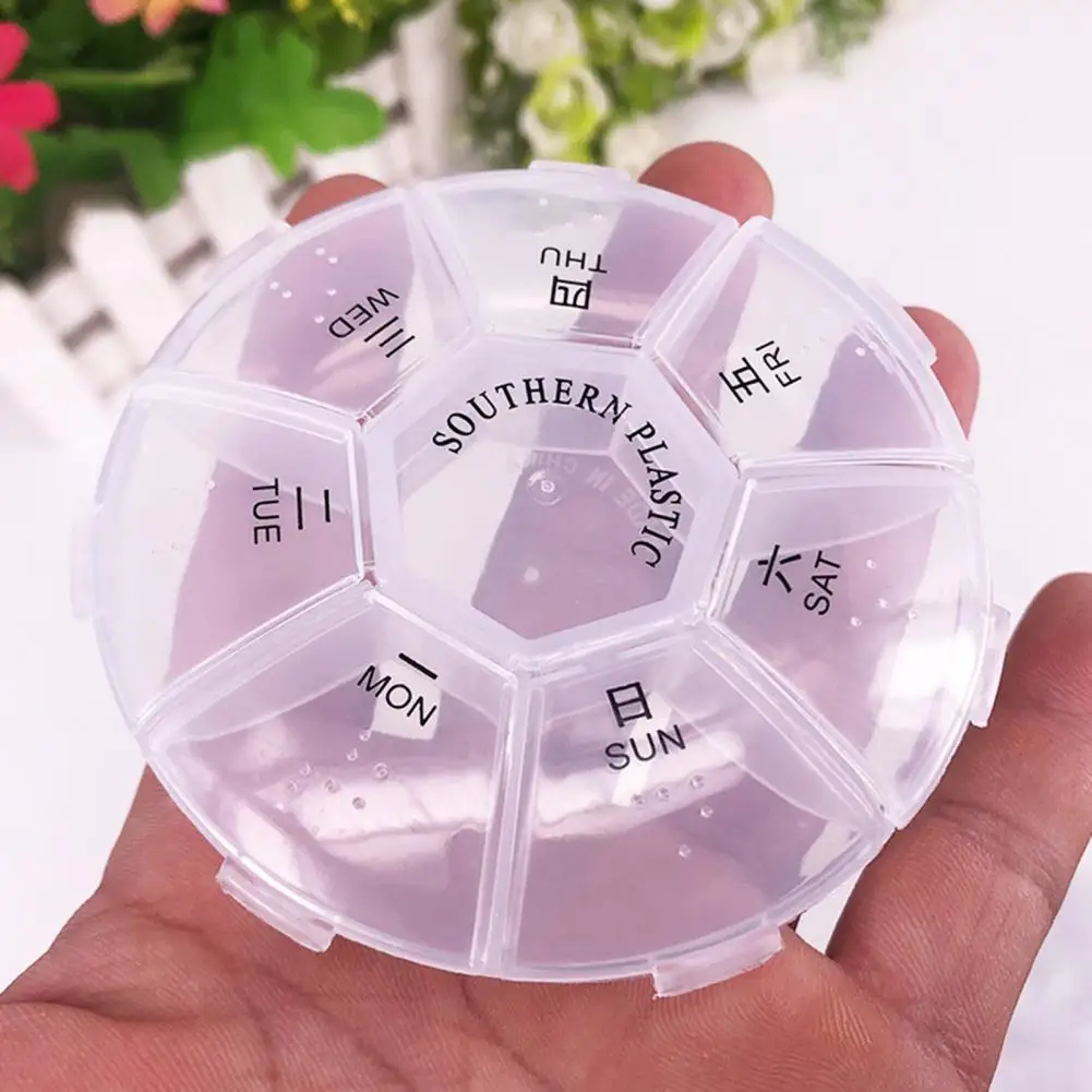 2Pcs Pill Case 7 Days Round Mini See-through Lid Weekly Pill Container Box Organizer Travel Pill Splitters