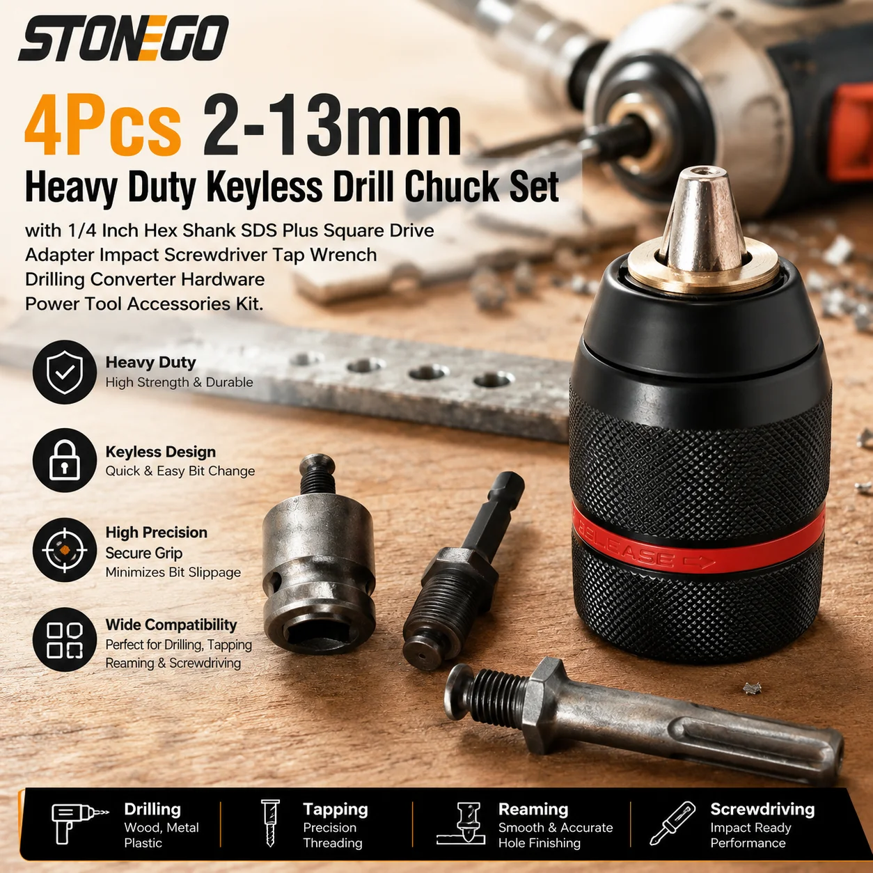 

1/4 Inch Hex Shank SDS Plus Square Drive Adapter 2-13mm Keyless Drill Chuck Set 4Pcs Impact Screwdriver Tap Wrench Drilling Converter Hardware Power Tool Accessories Kits Repair Parts