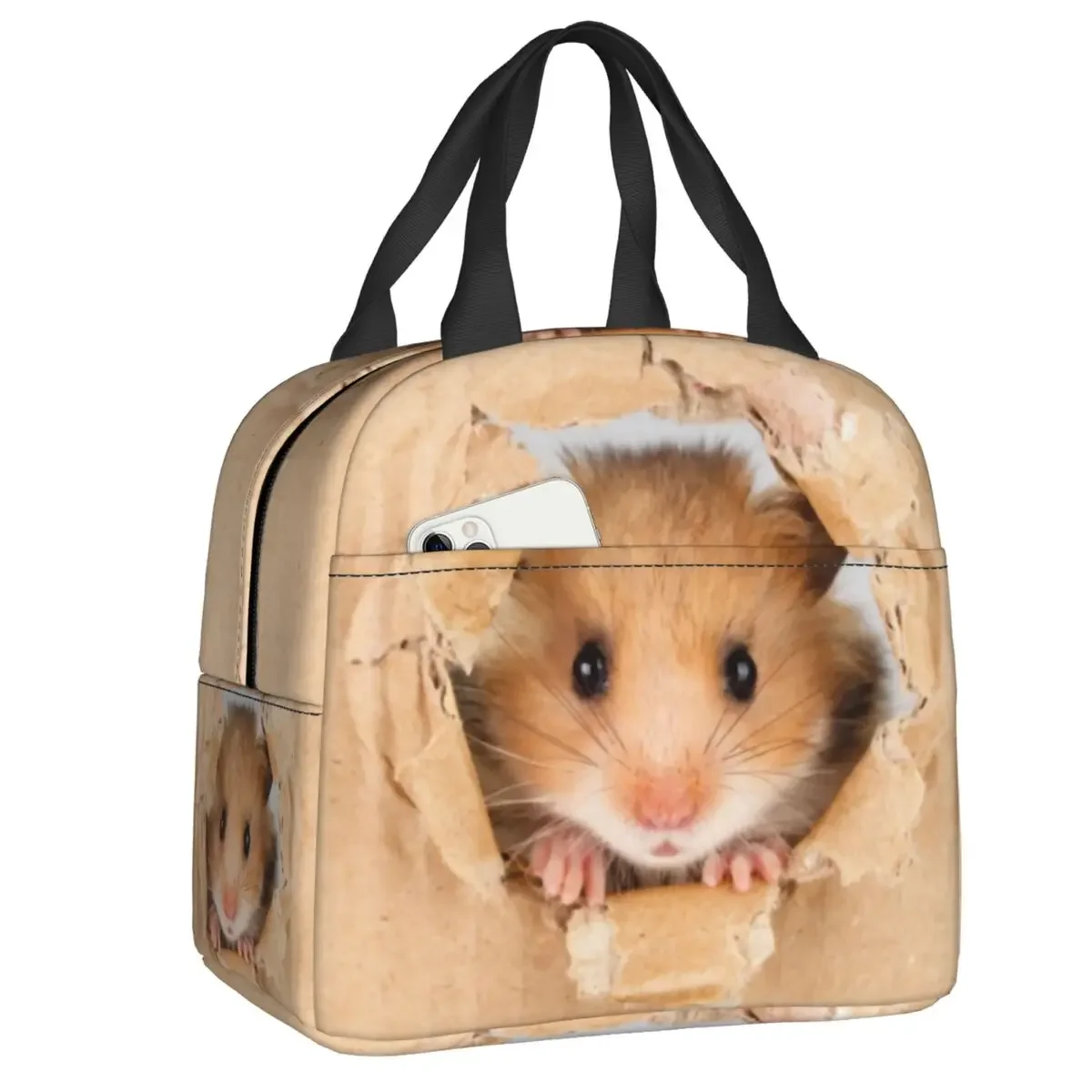 Hamster Peeping Through Hole In Brown Cardboard Insulated Lunch Bags for Women Resuable Cooler Thermal Bento Box School