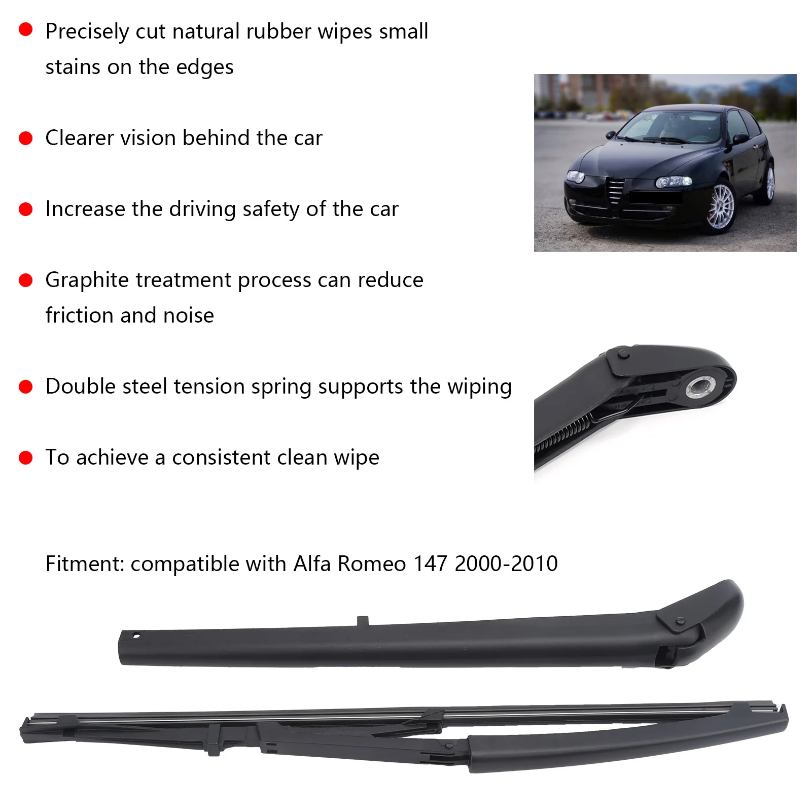 Wiper Arm Rubber Blade Rear Window Auto Replacement for  147 2000‑2010 Back Windscreen Wiper Arm Rear Wiper Arm