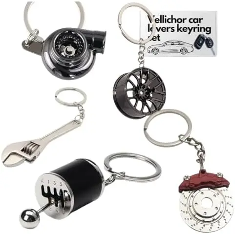 5pc Car Keychain Set - Gear Shift, Rim, Spanner, Turbo, Brake - Auto Lover Gift