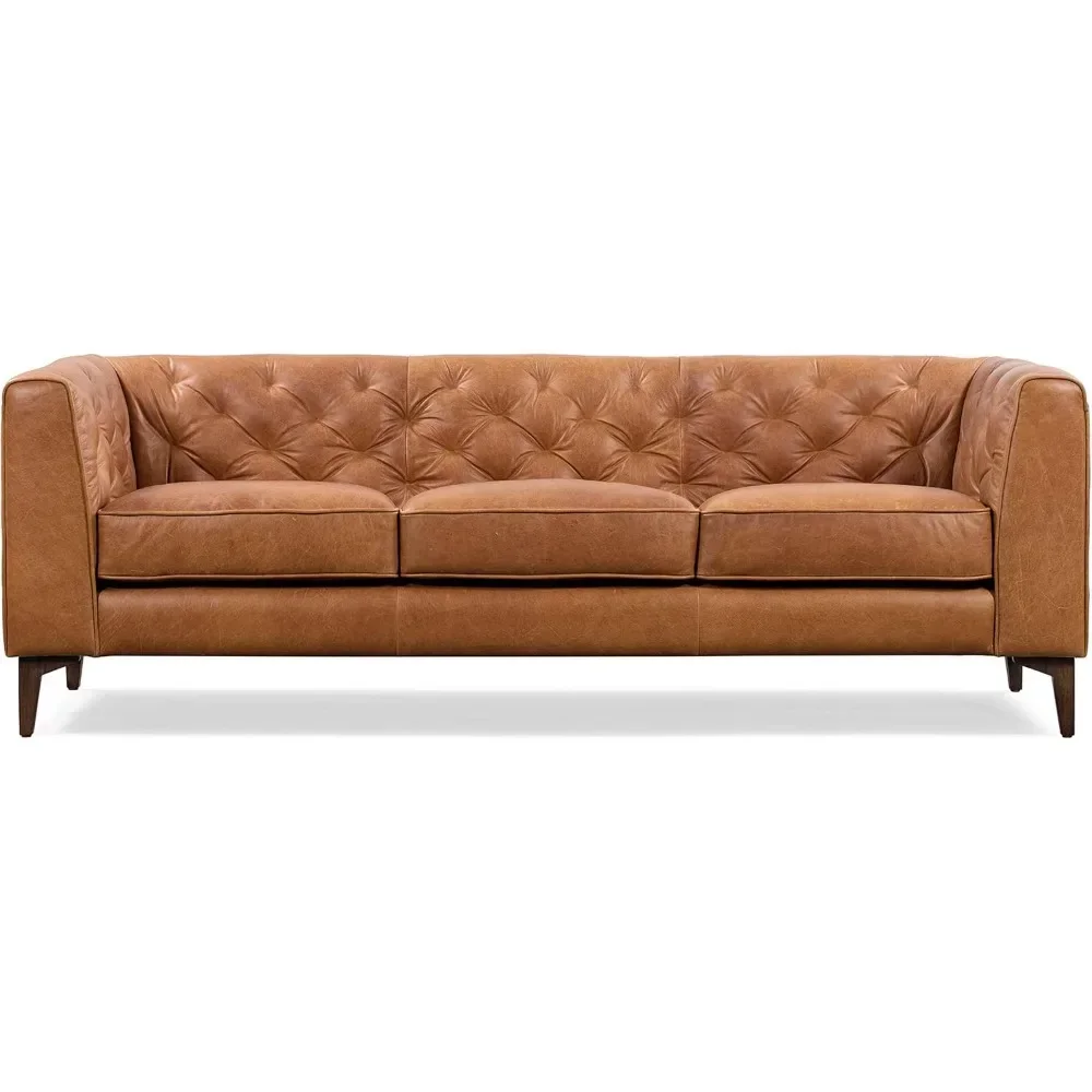 Leather Sofa 89 Inch Sofa Seat Surface with Down Full Grain Leather Sofa - Retro Pure Aniline Italian Leather, Cognac Brown