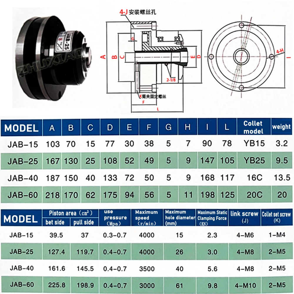 JAB-40 Rotary air pressure high-speed hollow chuck inside the outer clip collet clip pneumatic chuck collet chuck