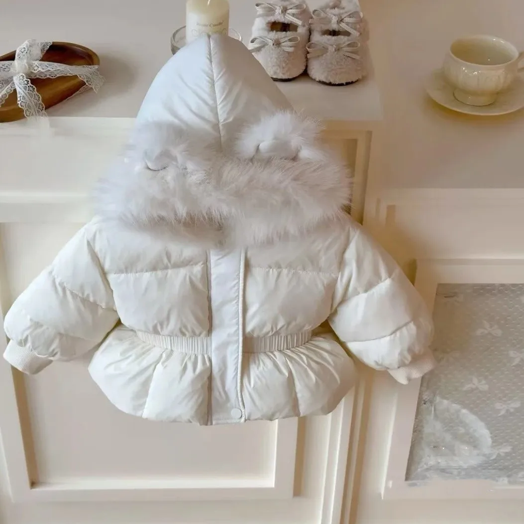 Kids Girls Winter Warm Coat New Big Fur Collar Hooded Short Padded Jacket Fashion Outerwear