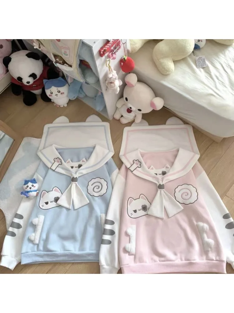 هوتشو Y2k الوردي Kawaii القط Juminocore النساء بلوزات الأزرق Cutecore بحار طوق النمط الياباني البلوفرات الحلو فضفاض Preppy