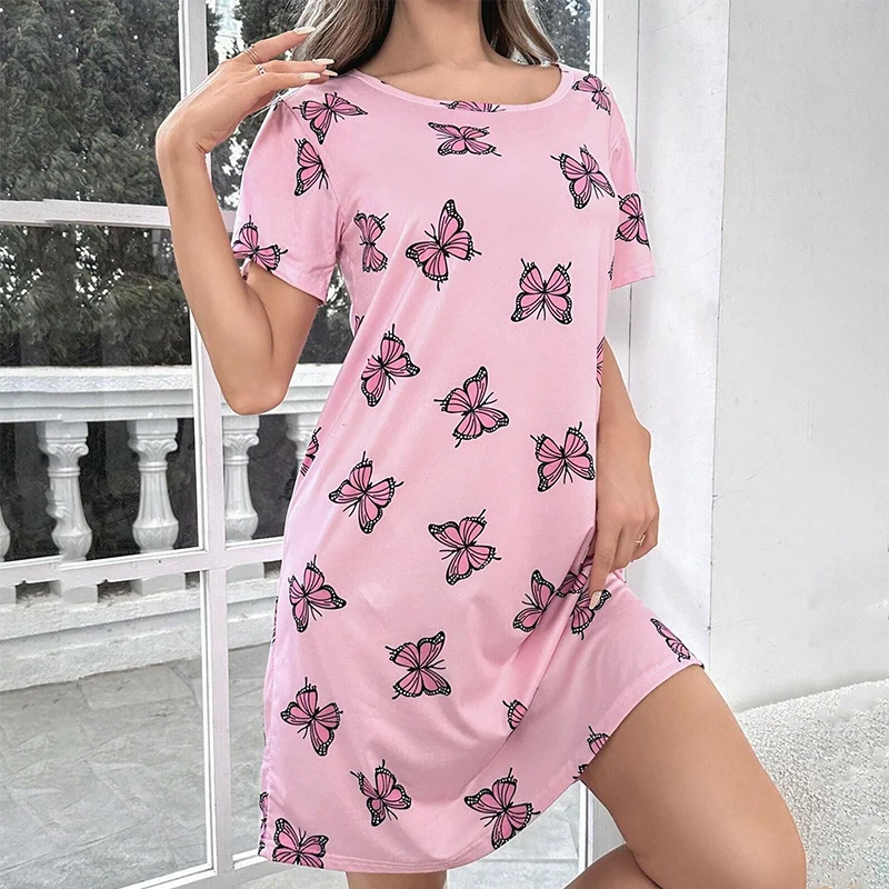 Casual Butterfly Print Nightdress Short Sleeve Round Neck Tee Sleep Dress Women\'s Sleepwear Home Clothes Nightgown Loungewear