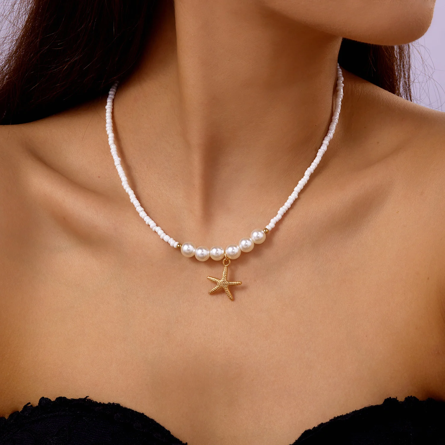 Unregelmäßige bunte Naturstein-Perlen-Halskette für Frauen, handgefertigt, böhmischer Seestern, Schlüsselbeinkette, Strandparty, Charm-Schmuck – Detail 14