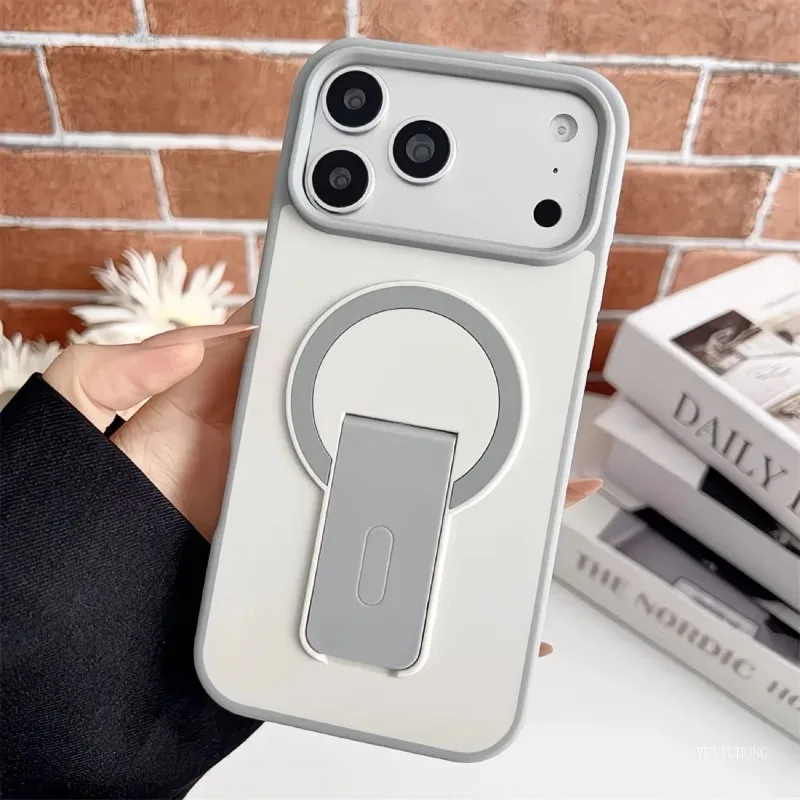 

For Magsafe Folding Bracket Matte Phone Case for IPhone 17 16ProMax 15Pro 14 Plus 13 12 17Air Acrylic Shockproof Magnetic Cover