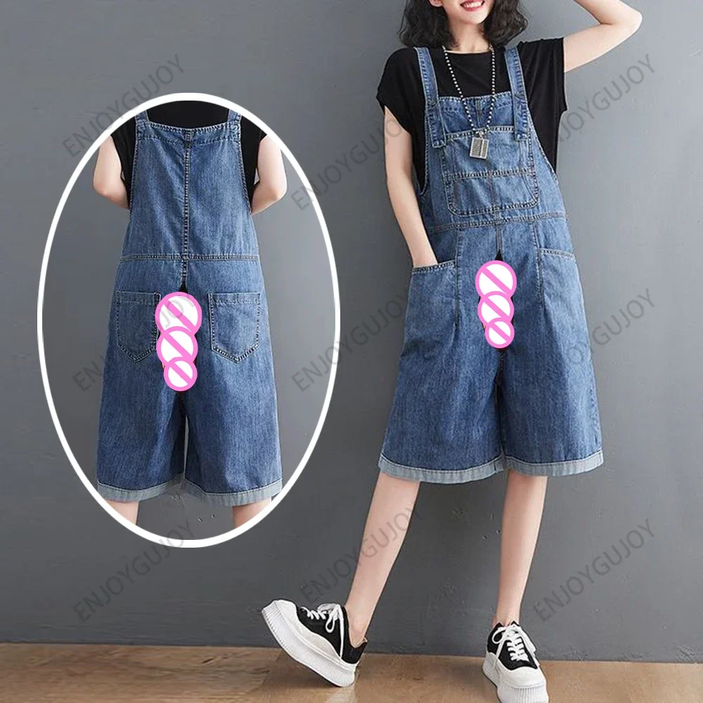 

Large Size Wide Leg Jeans，Summer Cargo Women's Denim Overalls Shorts，Invisible Open Crotch Outdoor Sex，Loose Casual Jumpsuit