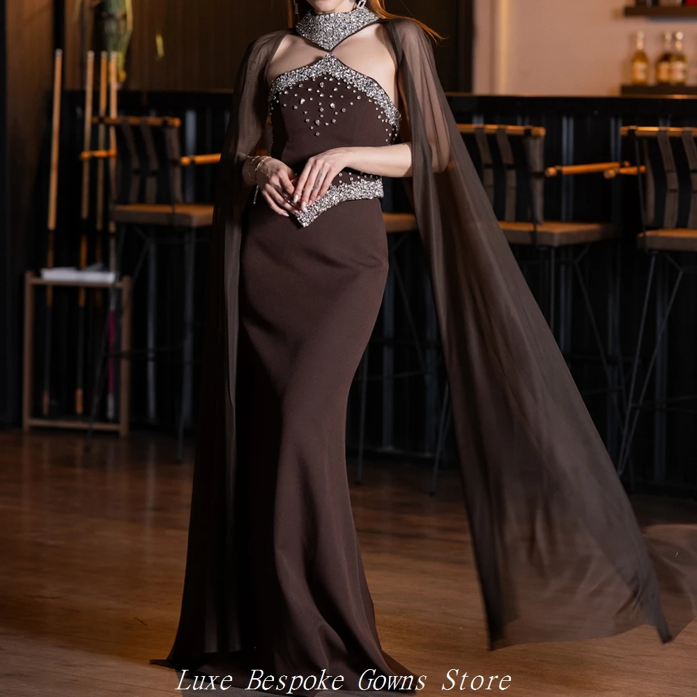 

Women's Formal Evening Gowns A-line Floor-length High-neck Sleeveless Prom Dresses Fashion Crystal Stole Draped Customized Gowns