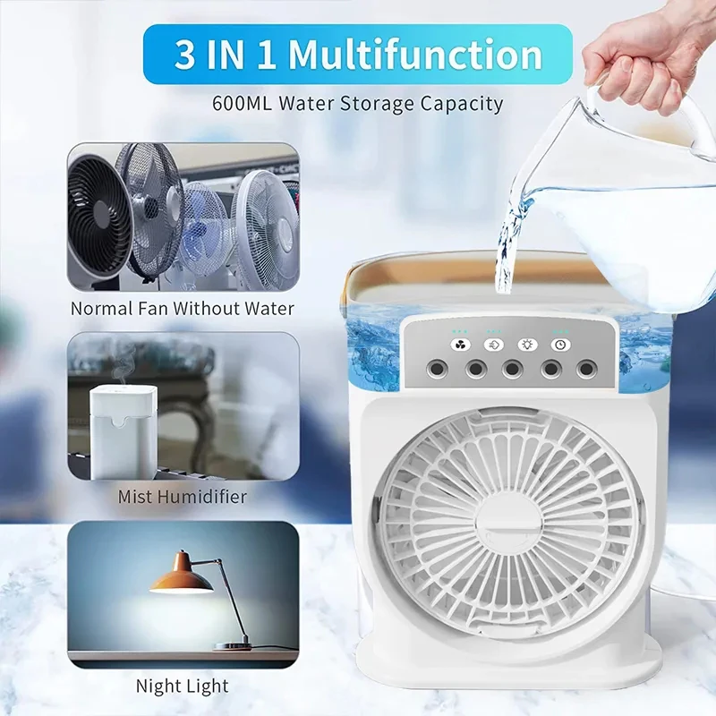 Ventilador eléctrico Mini, aire acondicionado, refrigeración portátil humidificador de, USB, Enfriador de aire, luz nocturna LED, ventiladores de humidificación de niebla de agua