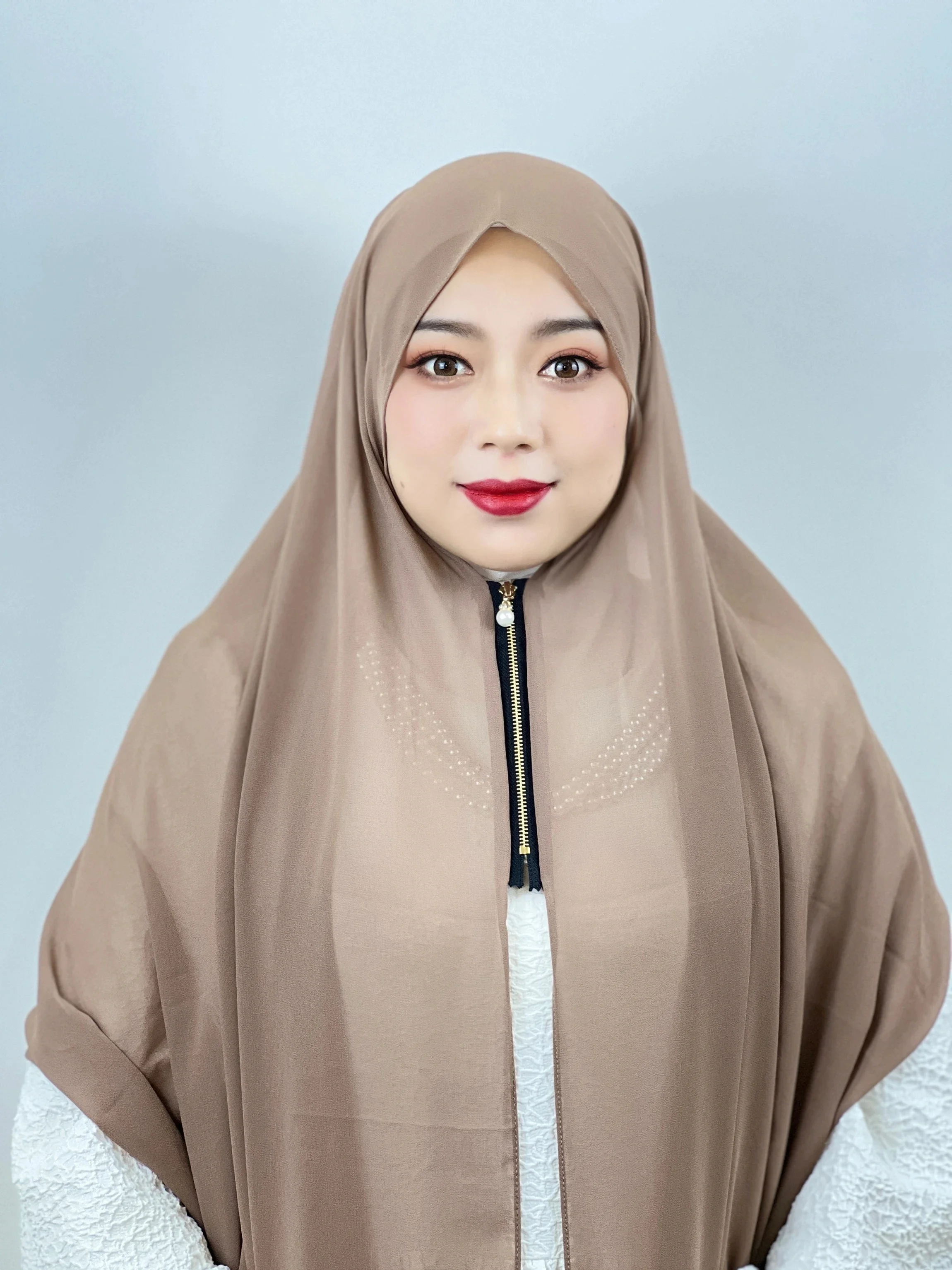 Muslim Zipper Headscarf Ladies Solid Color Shawls Chiffon Women Headband Wrap Malay Arab Islamic Instant Hijab Hair Accessories