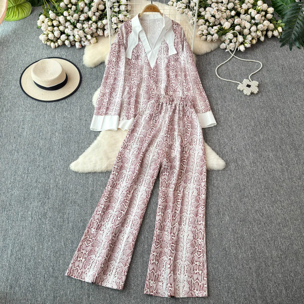 

Женский осенний новый комплект из двух предметов с принтом, рубашка с длинным рукавом и v-образным вырезом, высокая талия, тонкие широкие брюки, костюм, женские свободные комплекты из 2 предметов