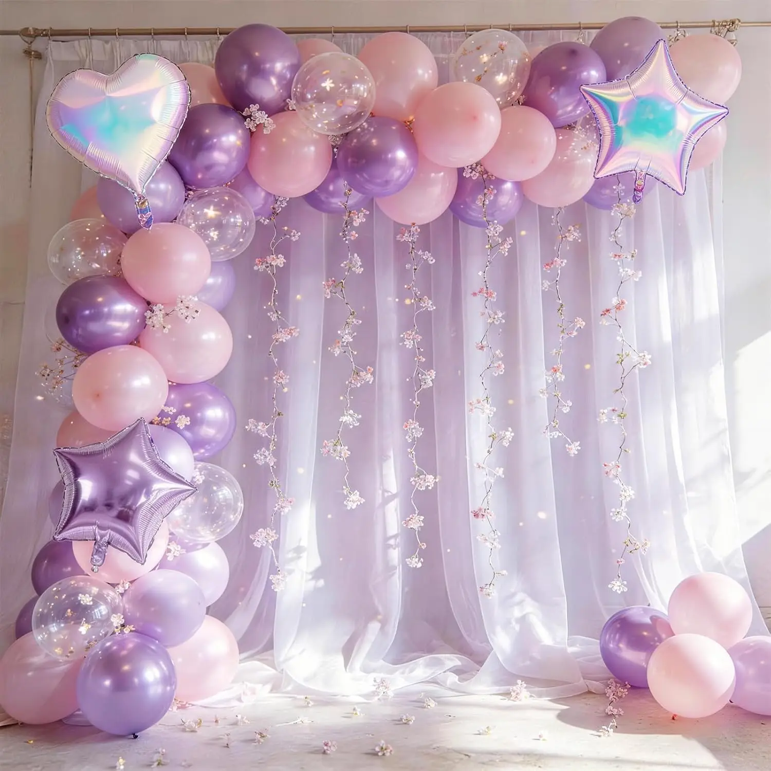 Light Pink and Lilac Translucent Star Latex Balloon with Rainbow Heart-Shaped Lavender Star Foil Balloon for Princess Decoration