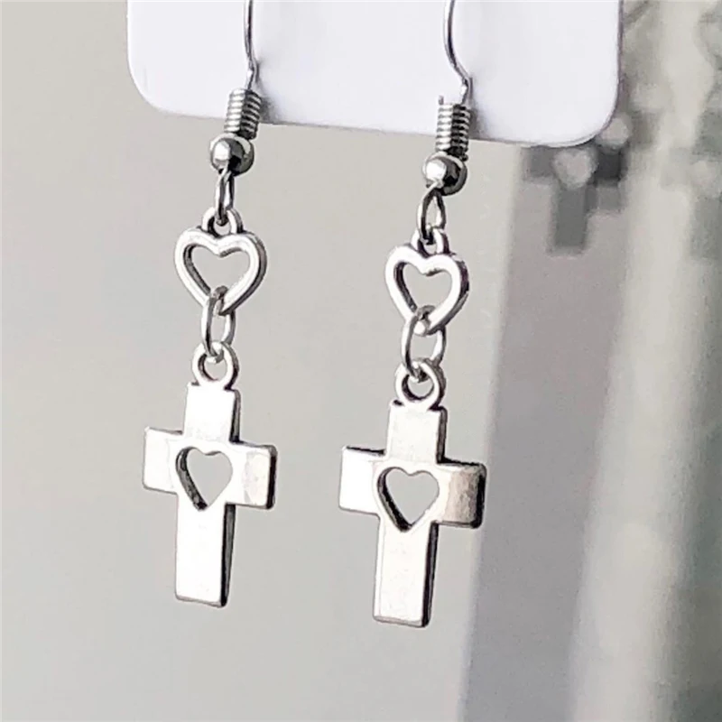Fashion Heart Cross Earrings Silvery Hollow Heart Cutout Cross Dangle Sweet Cool Punk Jewelry for Women