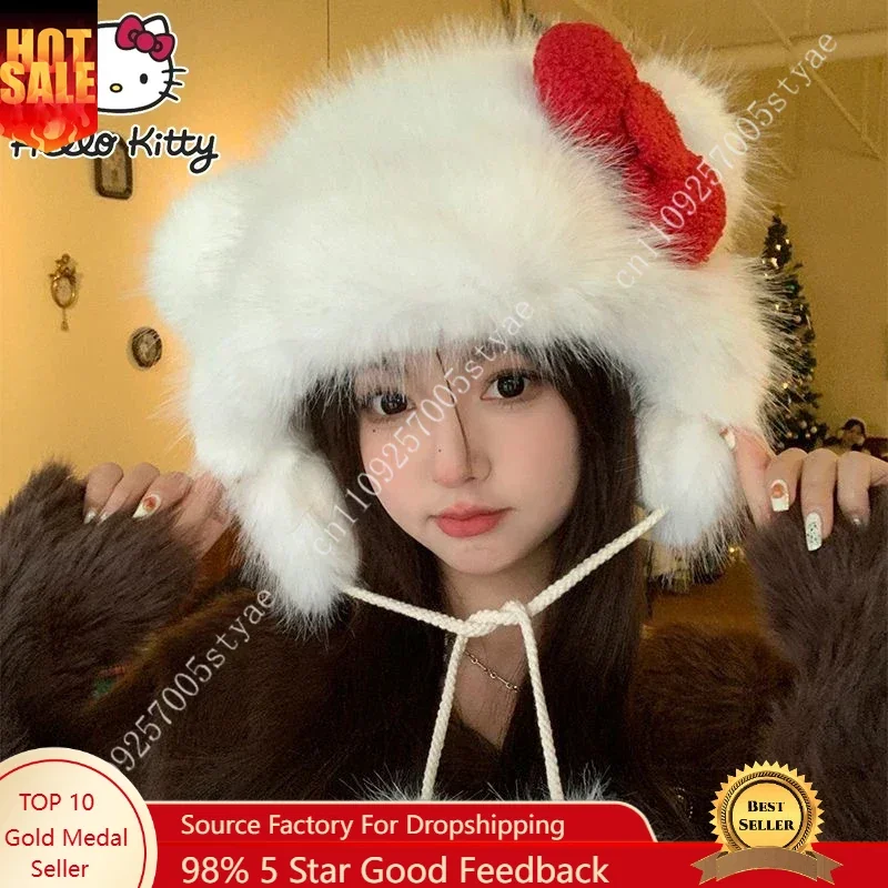 

Sanrio Hello Kitty Plush Bomber Cap Winter Cute Sweet Red Bow Hat Women Warm Windproof Ear Protection Pom-Pom Christmas Gifts