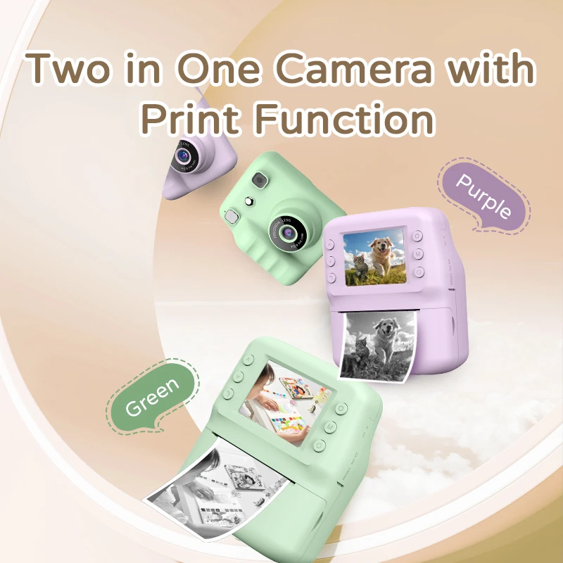 Mini appareil photo numérique violet pour enfants, jeux d'imprimante instantanée inclus, cadeau mignon pour garçons et filles de 4 à 12 ans, cadeau de noël