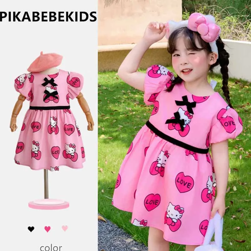 

Kawaii Sanrios Anime Hello Kitty Dress Cartoon Cute Summer Round Neck Comfortable Soft Sweet Children Bubble Sleeves Skirt Gift