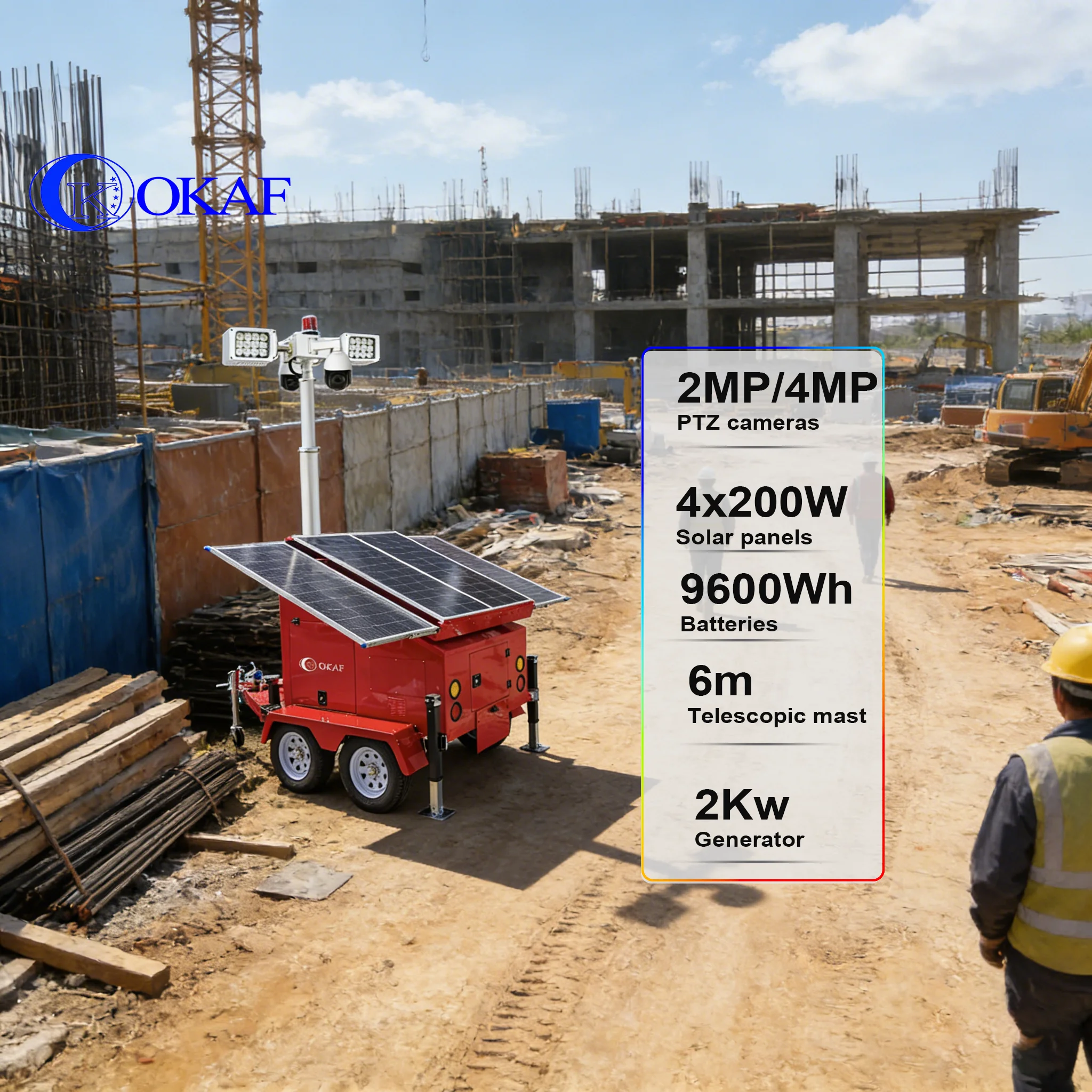 Generator Solar CCTV Trailer 6m Telescopic Mast Camera Tower 24/7 Mobile Monitoring System Hybrid Solar Battery and