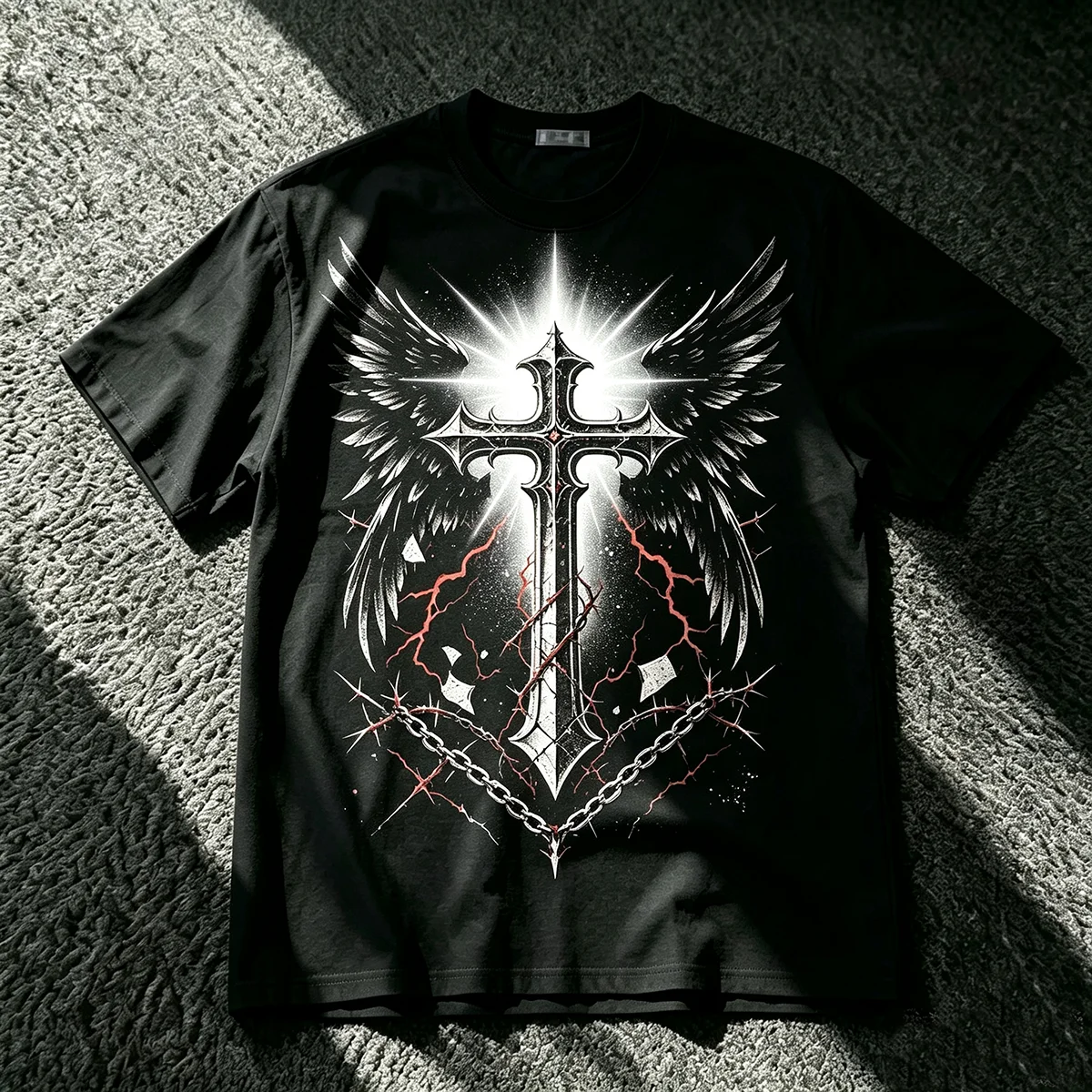 Winged Cross Dark Gothic T‑Shirt Angel Wings Cross Thorn Chain Crack Texture Grunge Religious Graphic Streetwear Unisex Cotton Short Sleeve Tops for Men Women