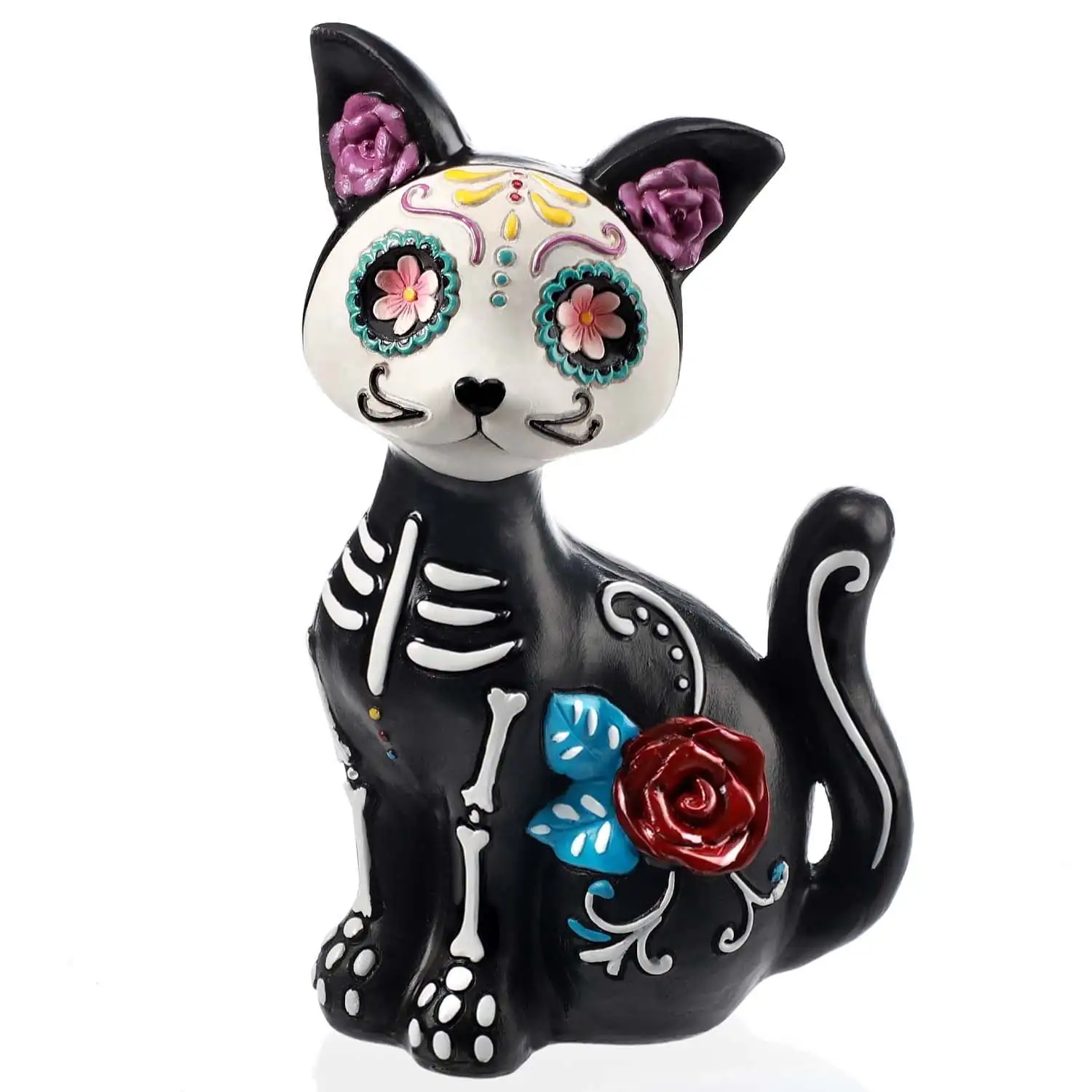 Day of the Dead Skull Black Cat Figurine Resin Halloween Cat Statue Dia de los Muertos Gothic Skeleton Decor for Home Table