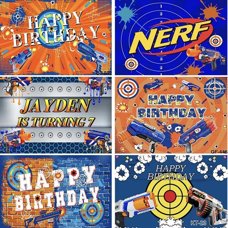 Cartoon Nerf Gun Theme Kids Birthday War Party Boys Blue Toy Shooting Darts Backdrops Decor Banners Poster Photo Booth Props