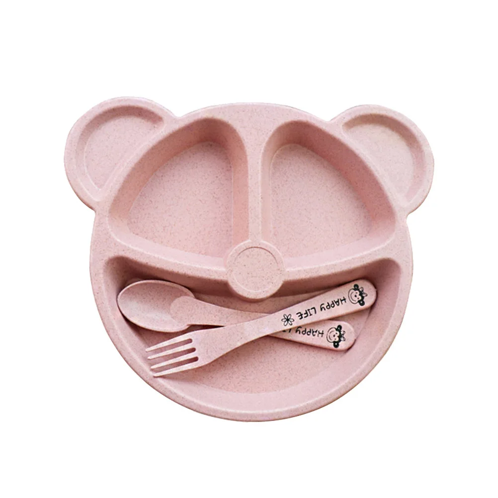 

3Pcs Natural Wheat Straw Kids Plate Set Bear Shape with Spoon Fork Pink Divider Dining Tray Kids Plate with Dividers