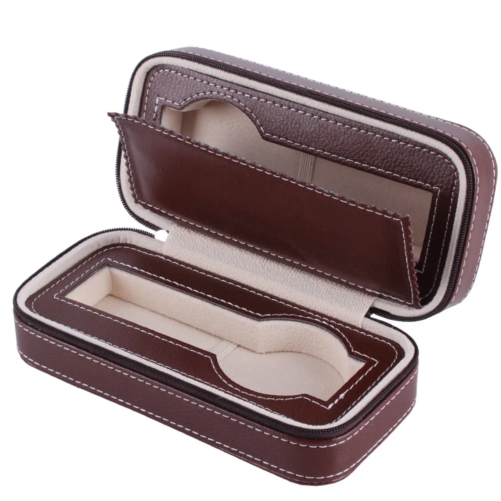 

Storage Box Dual Slot Zipper Closure Travel Case Brown Watch Holder Organizer Portable Watch Box Keeper For Men Women