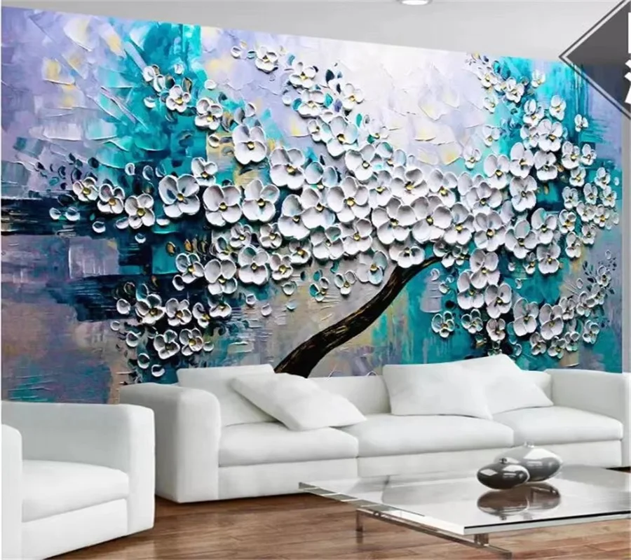 Custom wallpaper 3d mural white fortune oil painting background wall giant hand-painted knife paintings fortune tree wallpapers