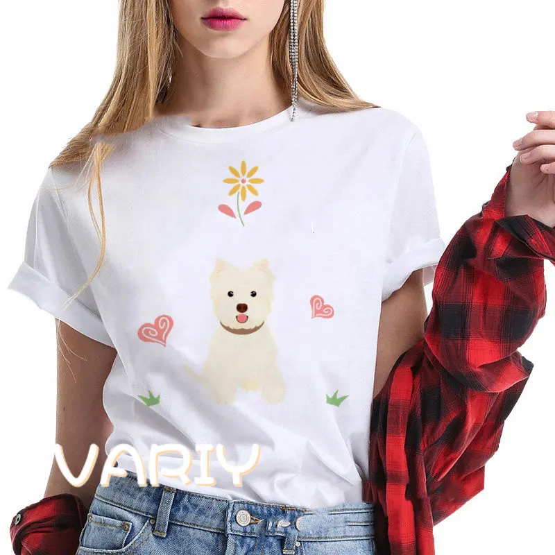 Westie West Highland White Terrier Print T-shirt Women Summer Loose Short Sleeved Animal Oversized Top Tee Couple Streetwear