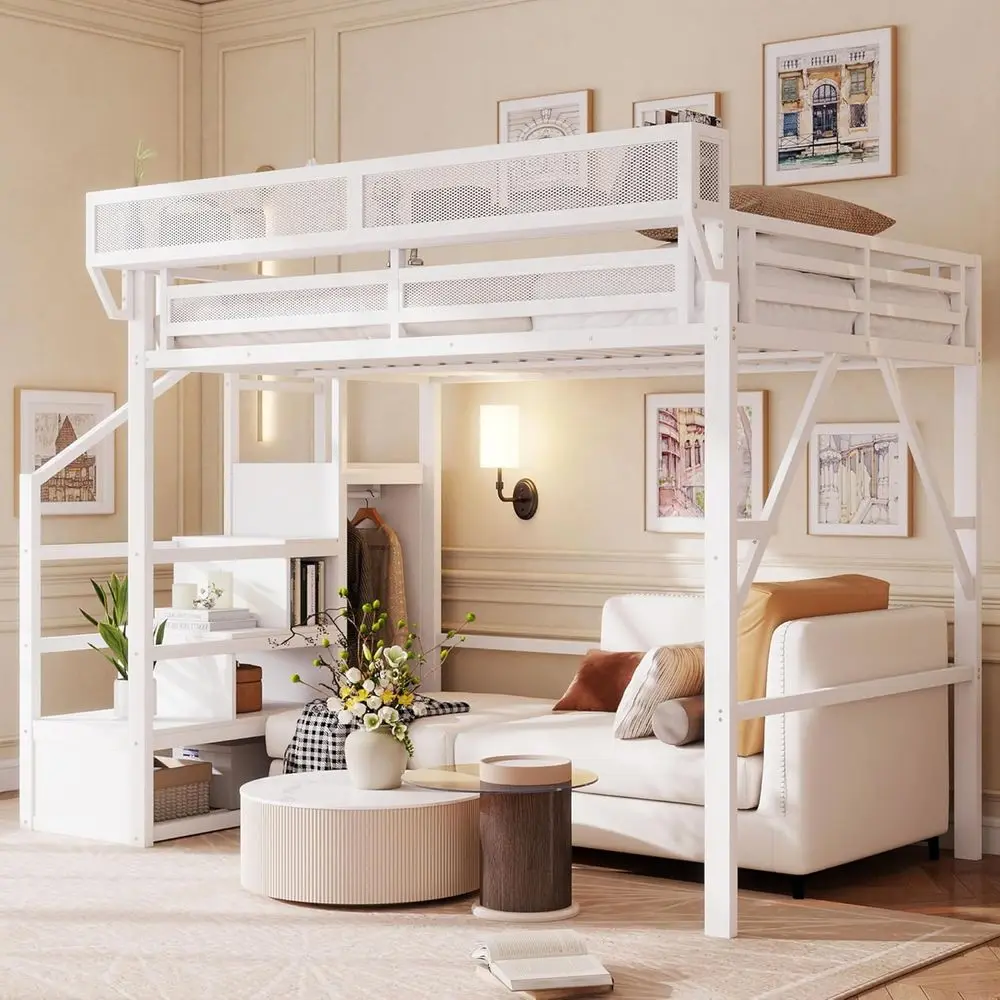 Sturdy Metal Loft Bed with Stairs, Storage, and Shelves, Ideal for Adults, Teens, and Kids, White