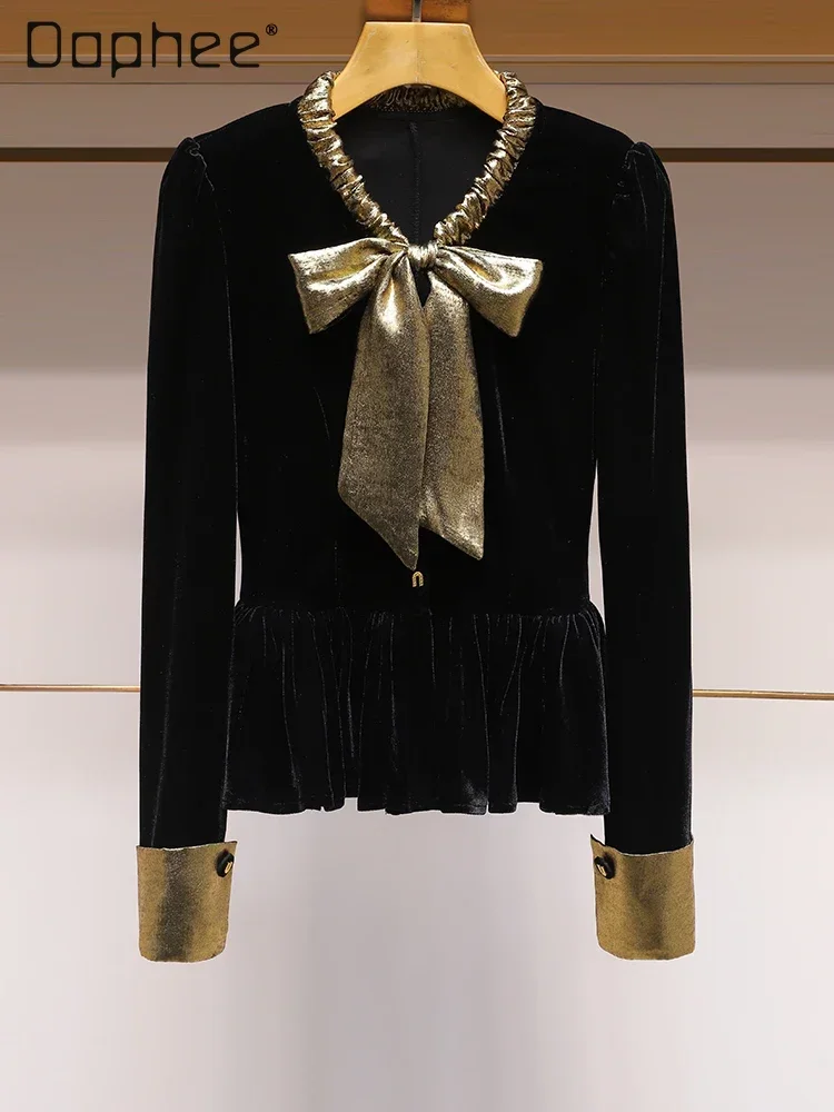 Black Velvet Blouse Women 2025 Spring New Gold Bow Lace Up Slim Ruffle Hem Shirts Elegant Office Lady French Style Luxury