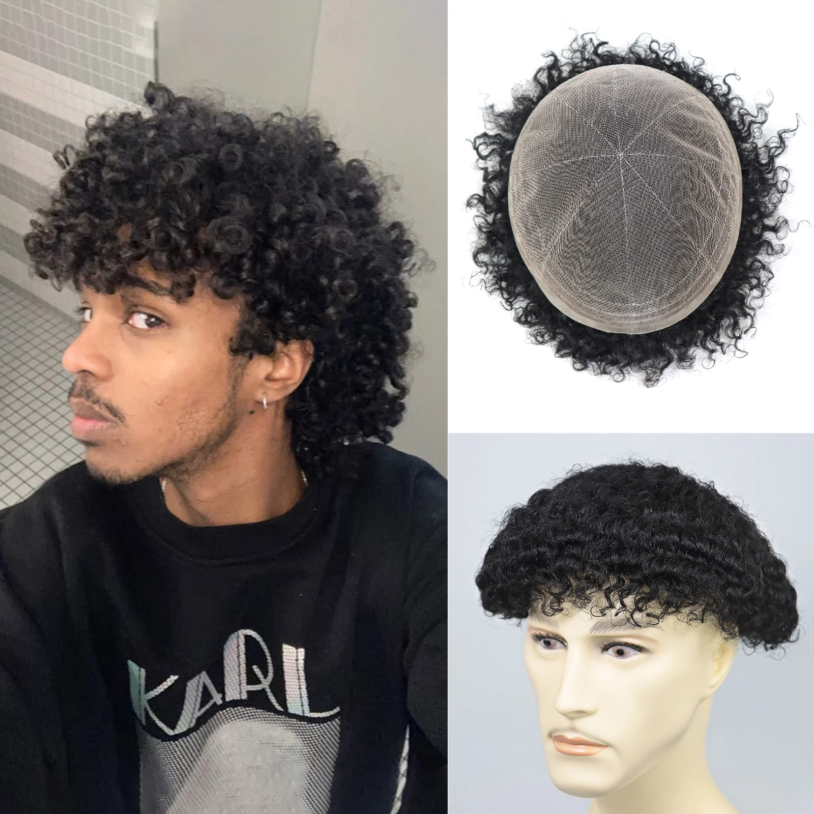 

Мужской афро-кудрявый парик из человеческих волос с 8 мм, свободная дышащая кружевная основа, длина 6 дюймов, натуральный черный парик, мужской парик