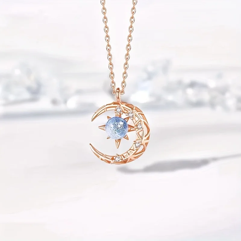 Moon Star Pendant Necklace Inlaid with Sparkling Moonstone Delicate Collarbone Chain Ladies