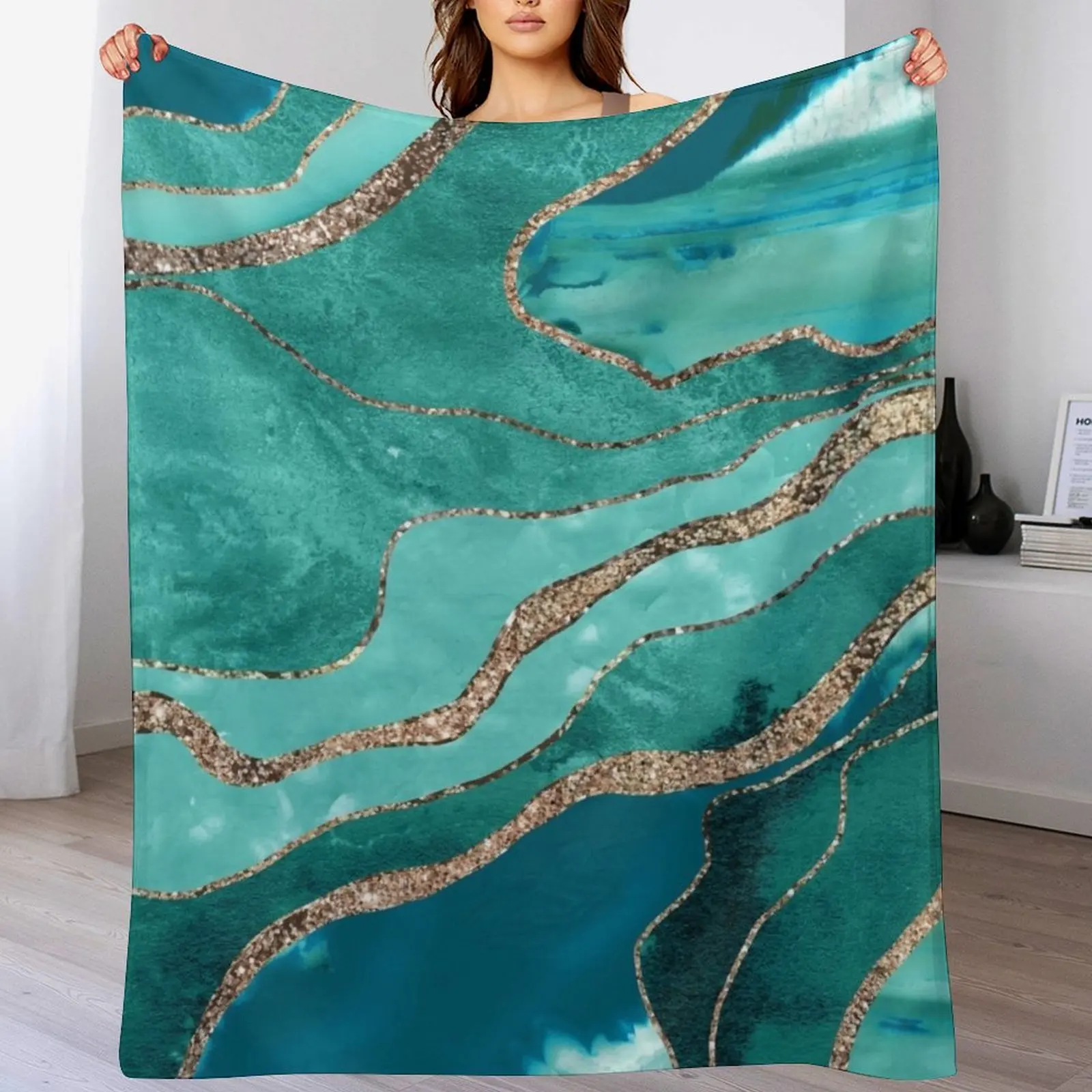 

Soft Turquoise Teal Marble Agate Gold Glitter Glam #1 (Faux Glitter) #decor #art Throw Blanket for babies Blankets