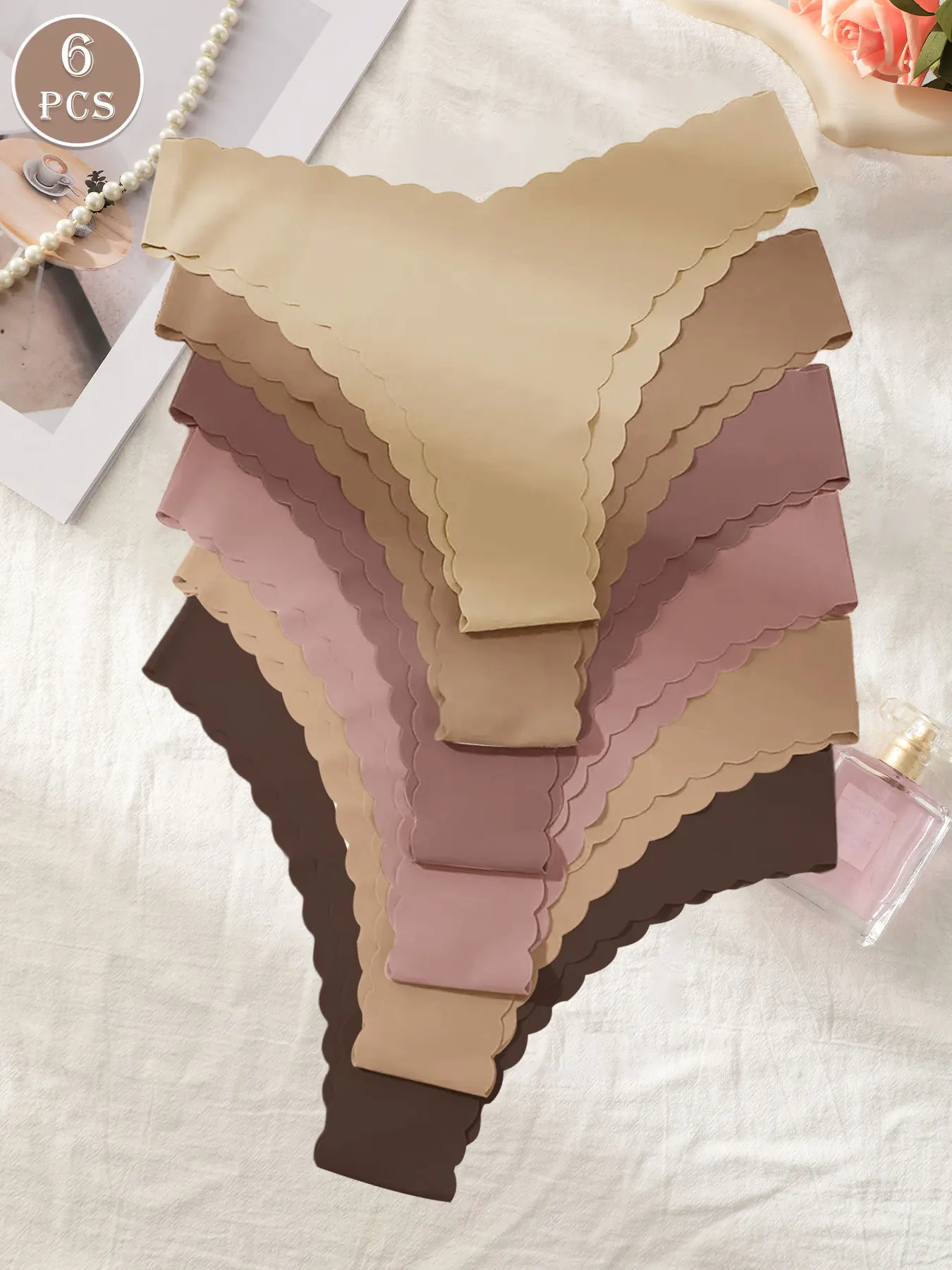 6pcs Women's Seamless Wavy Edge Comfortable Solid Color Sexy Triangle Panties
