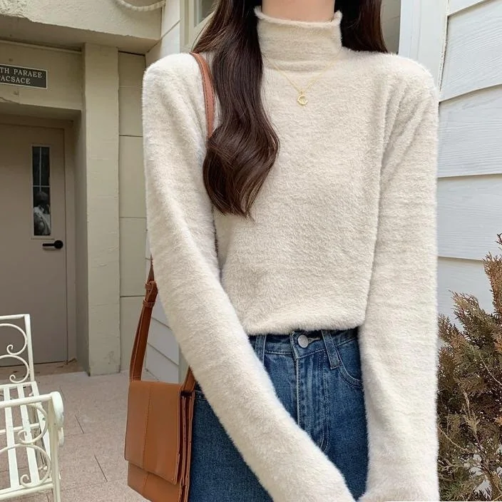 

Лето 2023 г., трикотаж с длинными рукавами для женщин, уличные узкие базовые футболки с высоким воротом, женский вязаный пуловер Y2k, женский B68