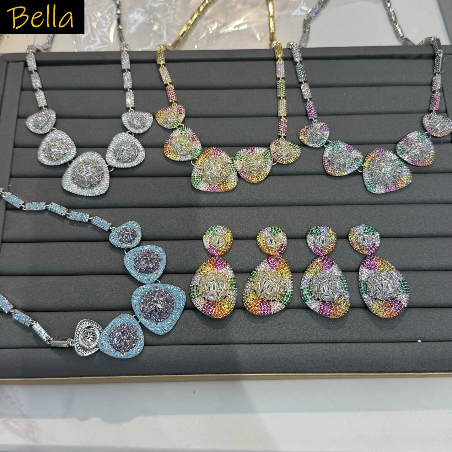 

luxury cubic zirconia necklace earrings for women gala event wedding dinner party jewelry set silver gold color blue unique