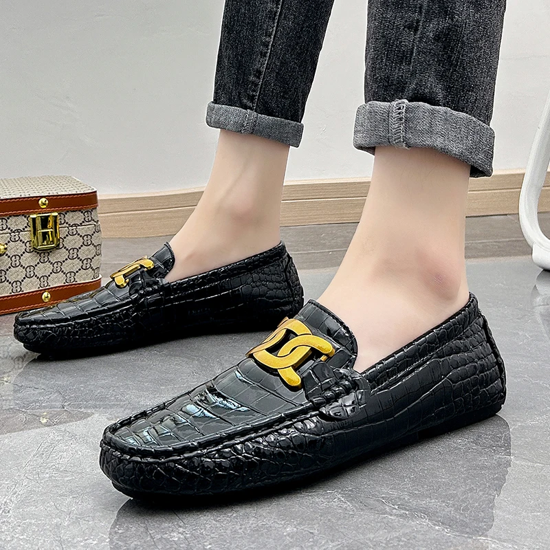 Herren-Loafer mit Kroko-Prägung und Metallschnalle, Herren-Slipper zum Autofahren, Herren-Komfortschuhe, rutschfest und leicht