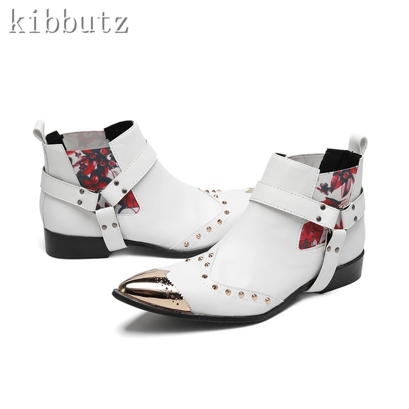 جديد أزياء الرجال تشيلسي الأحذية المعدنية أشار تو المسامير جلد طبيعي حذاء من الجلد النمط البريطاني أحذية الحفلات غير رسمية