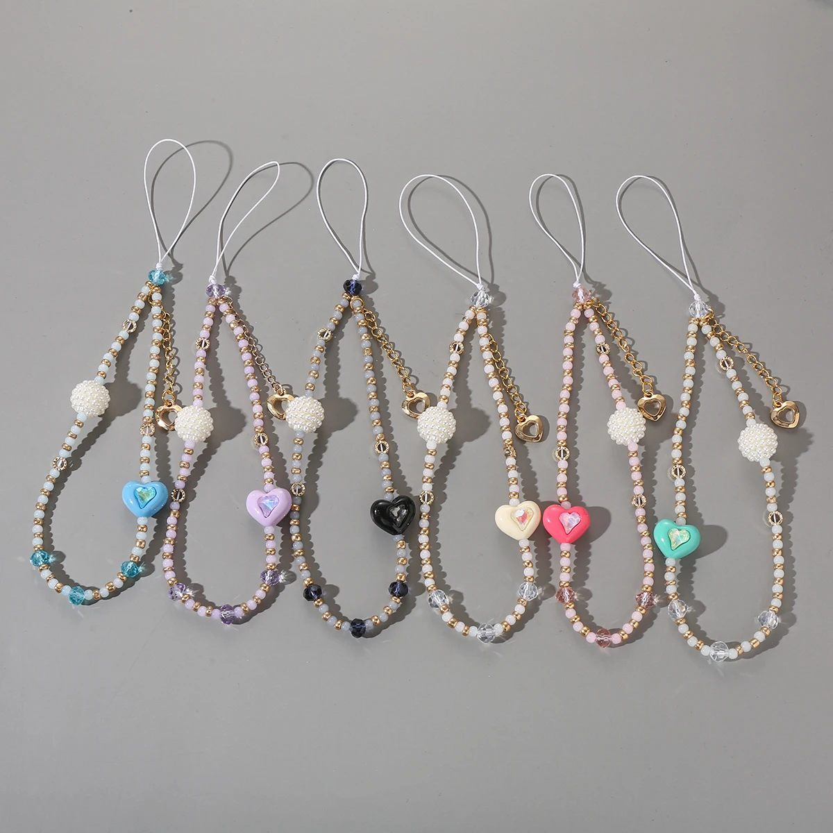 New Cute Heart Round Acrylic Beads Phone Chain For iPhone Universal Accessories Cute Jewelry Wrist Keychain Phone Hanging Rope