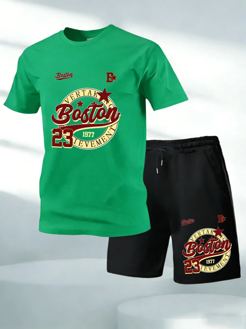 

Two Pieces Set Boston Star 1977 No.23 Prints Cotton T-Shirts Pants Mens O-Neck Oversized Soft Tops High Waisted Pocket Shorts