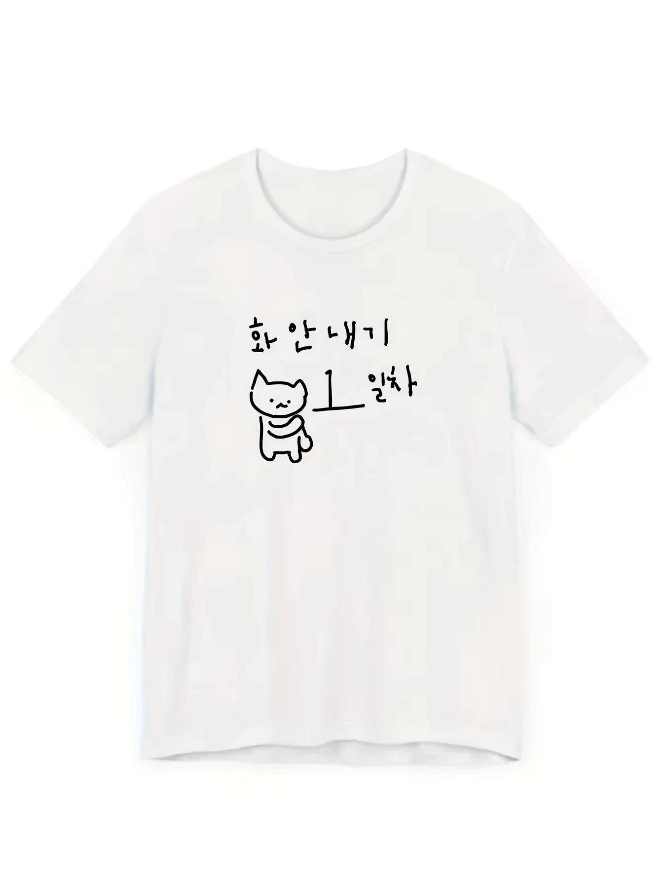 Women Korean Ins Style Graphic Tee Cute Hand Drawn House Cat Hangul Text Loose Y2K Aesthetic Daily Casual Tops