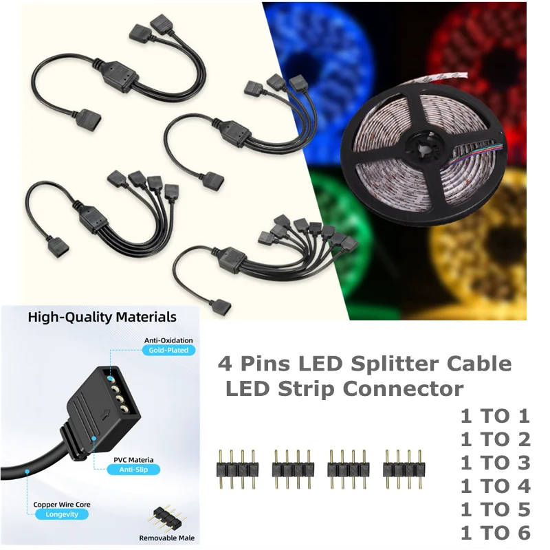With Male 4Pin Plugs，1 to 1/2/3/4/5/6 RGB Adapter Connector，12v 4-Pin RGB Splitter Cable, for Extending PC RGB Fans/LED Lights