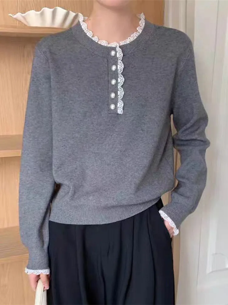 

Круглый вязаный свитер с кружевом Ne, женский свободный накладной свитер, осень-зима, новый утягивающий универсальный модный трикотаж B...