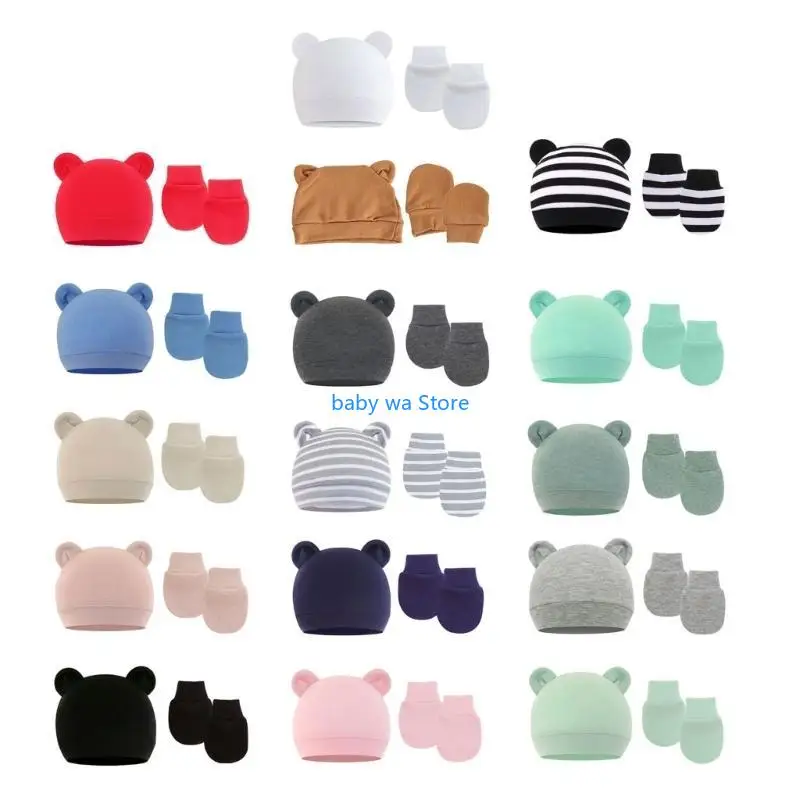 신생아 면 비니 병원 모자 및 장갑 세트 솔리드 캔디 색상 4XBD