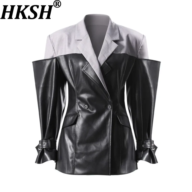 HKSH Women Blazer Niche Design PU Leather Patchwork Contrast Color Waist Cinching Slim Fit Elegant Chic Tide Suit-Jacket HK16731