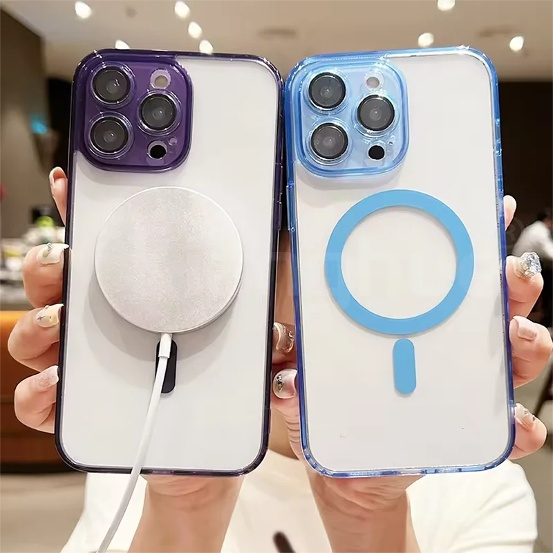 حافظة فاخرة شفافة هجينة بلون الحلوى الصلبة لهاتف آيفون 17 Air 16 15 14 13 12 11 Pro Max Plus مغناطيسية Magsafe Soft Tpu Shell