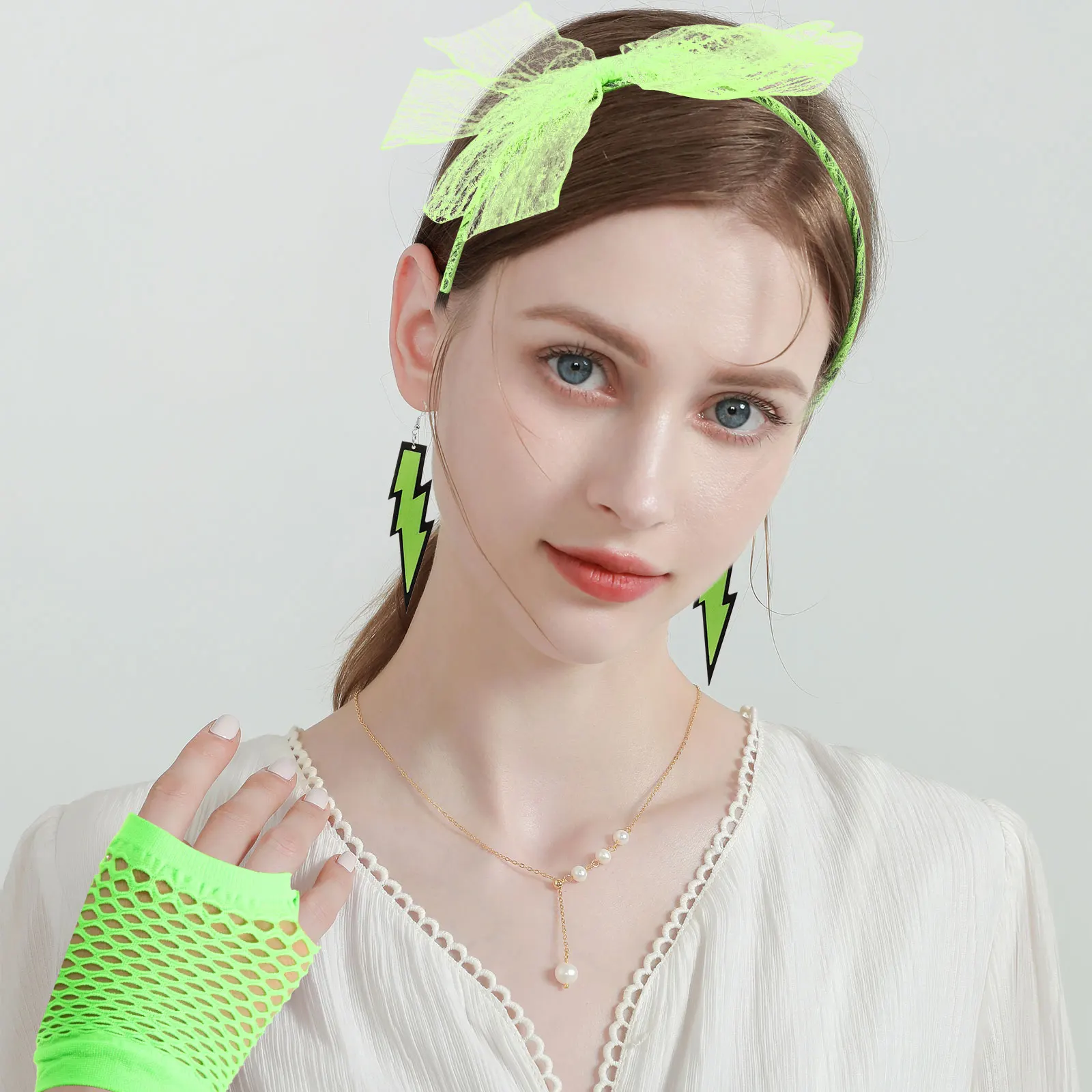 

Lace Headband Neon Earrings Fingerless Gloves Retro 80s Party Costumes Hair Accessories Bands Disco Gothic Cosplay
