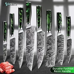 1-8pcs Kitchen knife Set Stainless Steel Ultra Sharp Paring Boning Santoku Cleaver Bread Chef Knife with Green Resin Handle